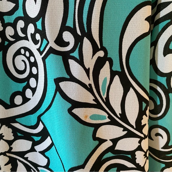 Vintage Covington Teal Black & White Floral Polyester Blouse Size L Large Long - Picture 7 of 10